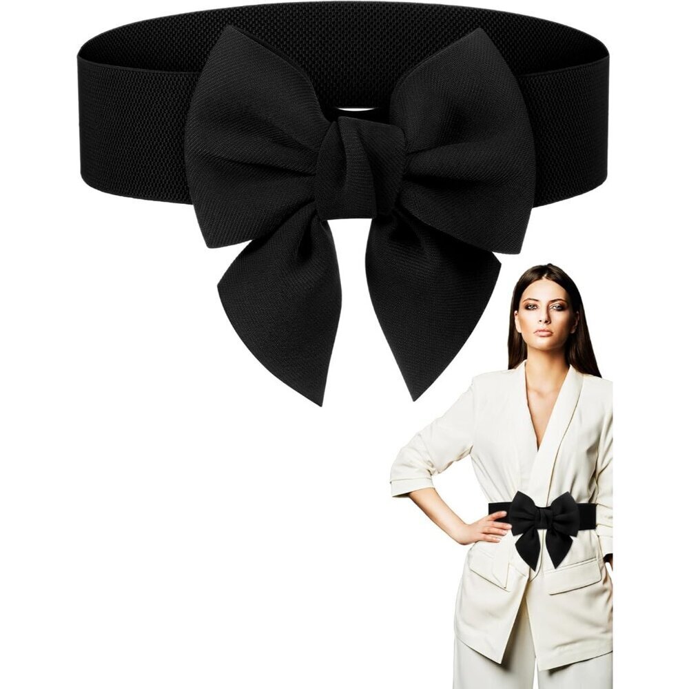 Women Elastic Waist Belt Bowknot Dress Sash Vintage Style Black Small